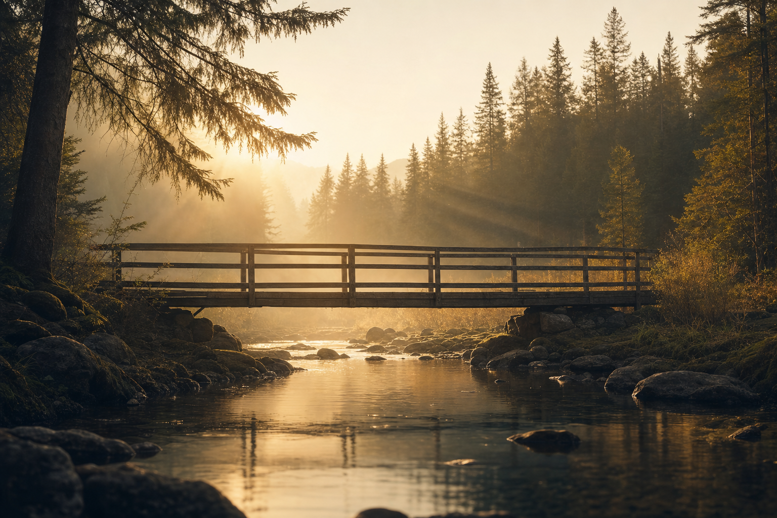 A simple wooden footbridge over a calm stream in a misty forest at sunrise, symbolizing transition.