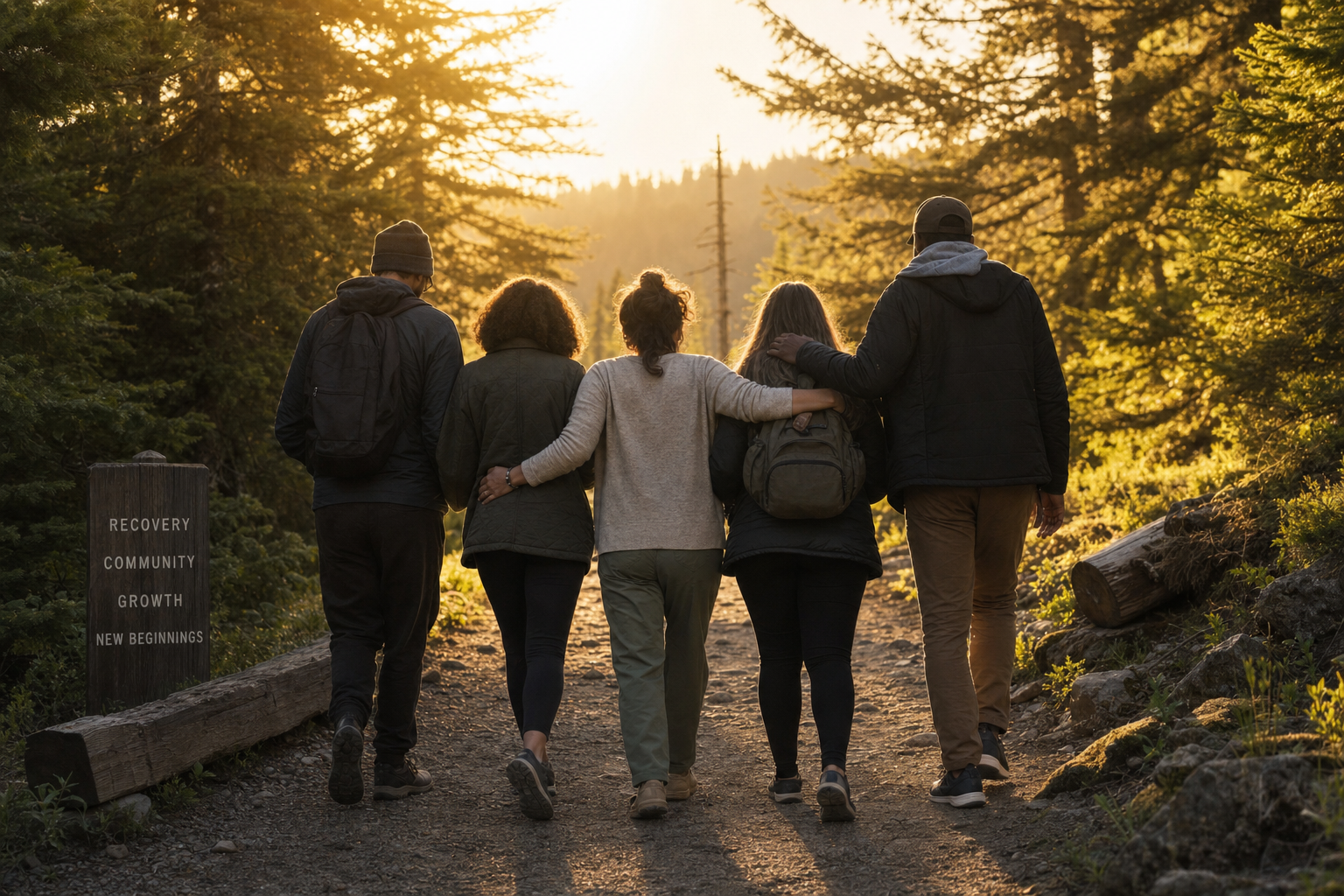 A group of people walking together down a forest trail at golden hour, supporting one another, seen from behind.