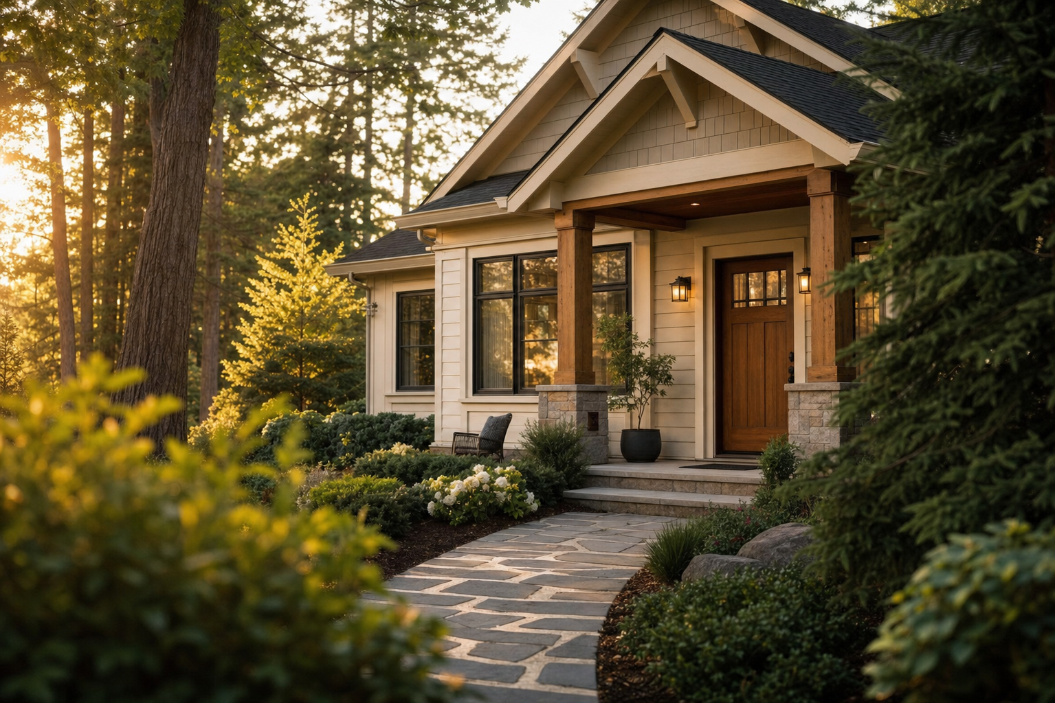 A welcoming craftsman-style transitional living home with a stone path leading to the front door, surrounded by mature evergreen trees at golden hour.