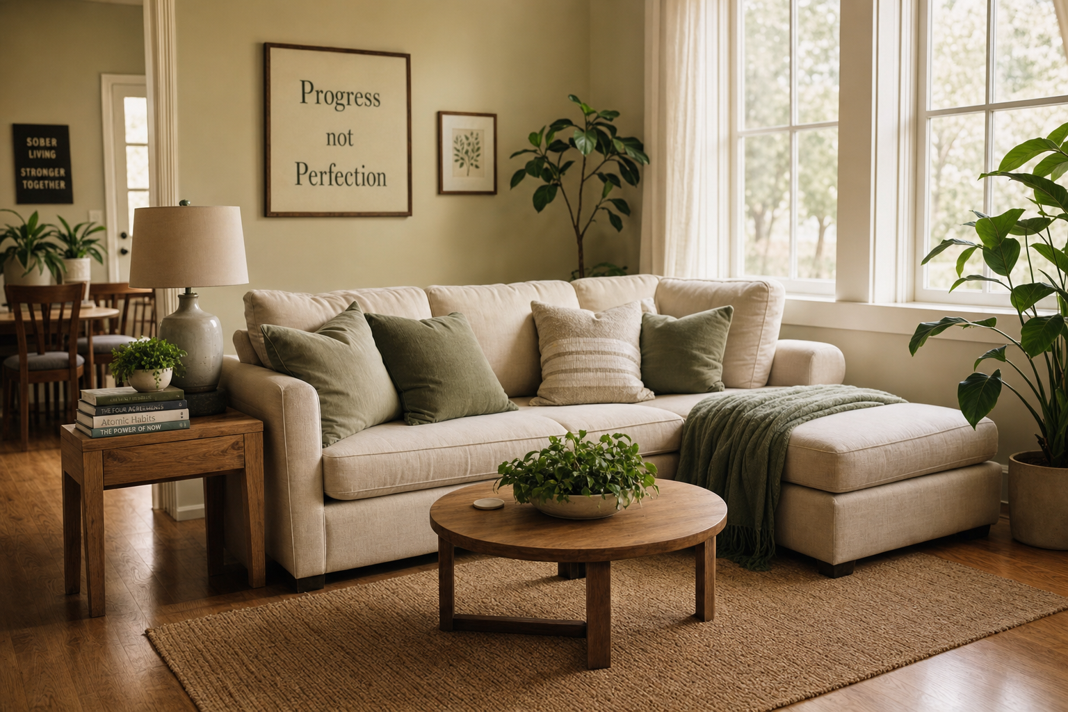 A warm, cozy shared living room in a sober living home with natural light, plants, and comfortable seating.