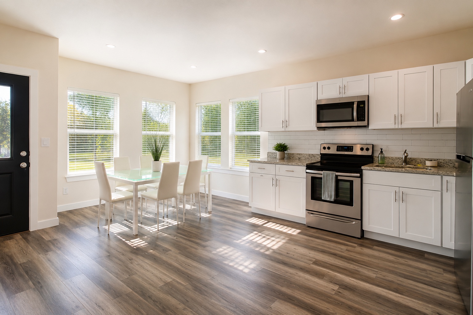 Dining area with a white table, four chairs, and large windows with natural light.