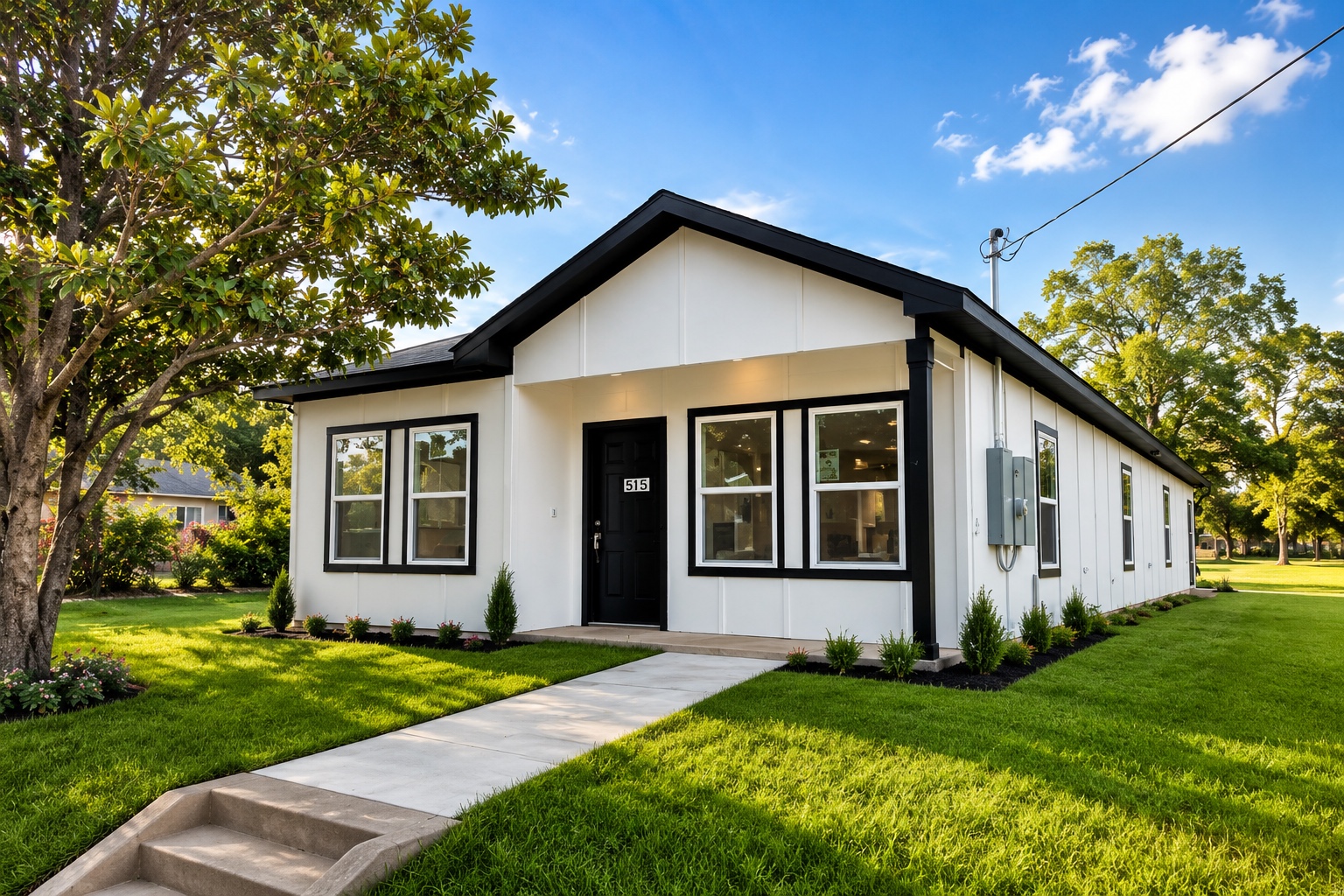 Front exterior of the Bridgeway Living men's home — a white single-story house with black trim and a covered front porch.